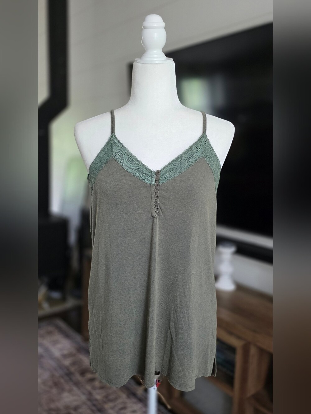 POL Olive Green Lace Trim Tunic Top